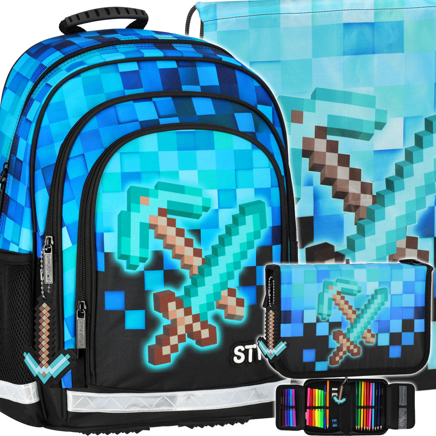 Školský set Starpak Pixel Blue s batohom, vreckom na topánky a vybaveným peračníkom